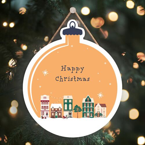 P6737 - Happy Christmas Festive Street Scene Wooden Bauble Plaque Christmas Decor