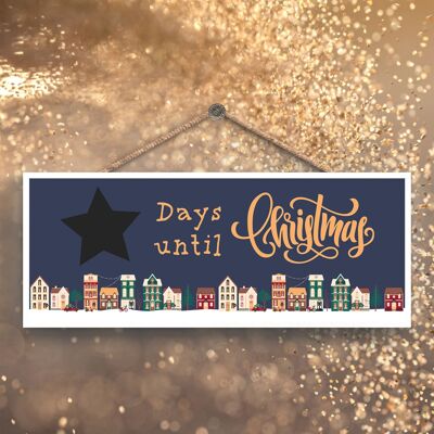 P6741 – Tafel „Days until Christmas“, blaue, festliche Straßenszene, Holzschild, Weihnachtsdekoration
