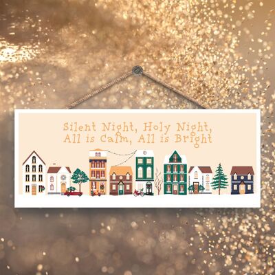 P6745 - Silent Night Holy Night Gold Festive Street Scene Wooden Plaque Christmas Decor