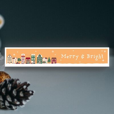 P6763 - Merry And Bright Snowy Street Scene Festive Standing Wooden Block Christmas Decor