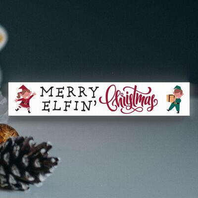 P6765 - Merry Elfin Christmas Festive in piedi Blocco di legno Decorazioni natalizie