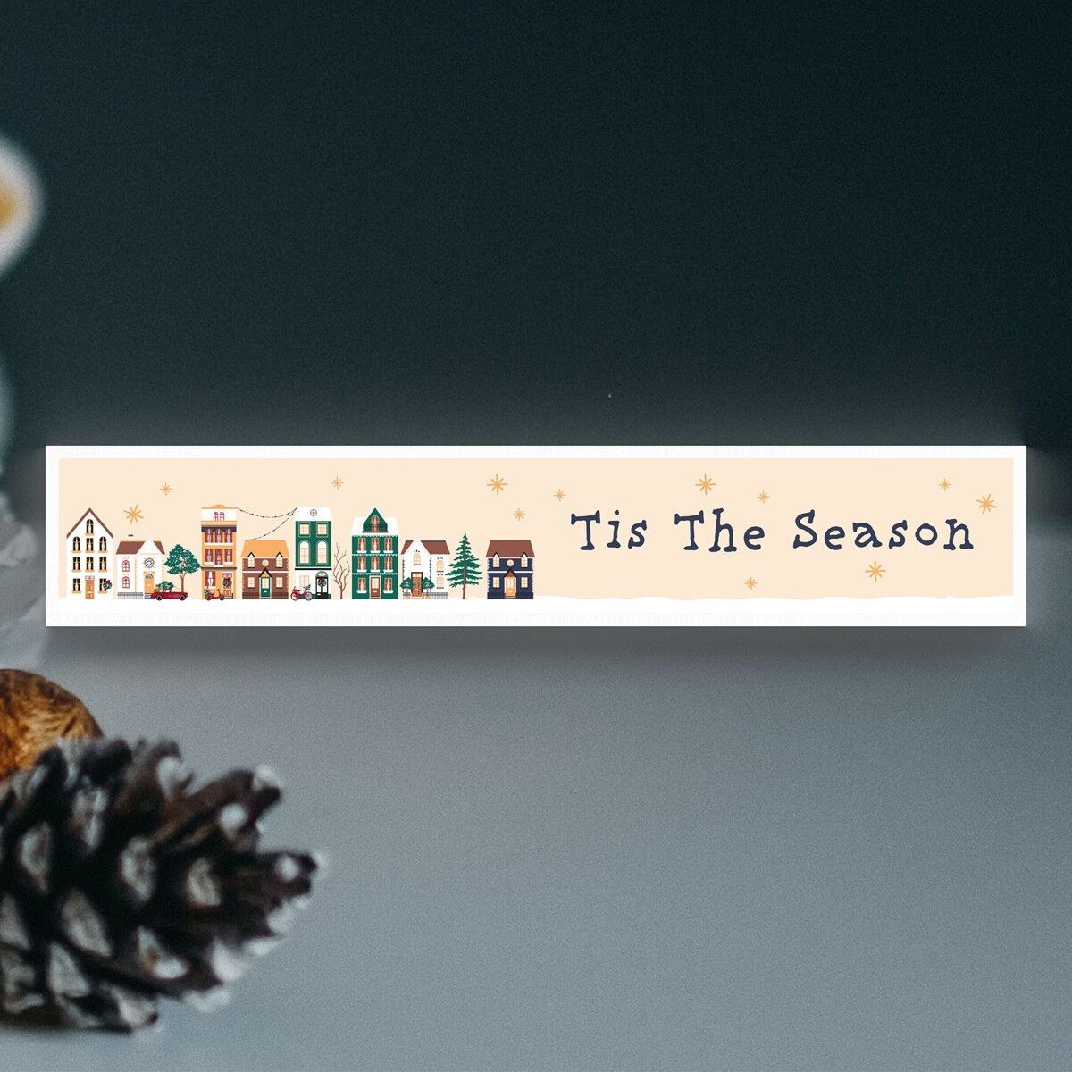 P6767 - Tis The Season Snowy Street Scene Festive Standing Wooden Block Christmas Decor