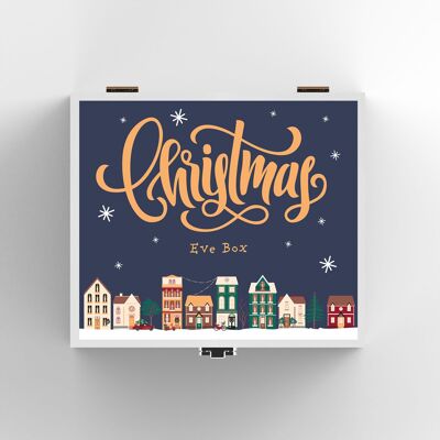 P6768 - Scatola della vigilia di Natale Scena di strada innevata blu e oro Scatola di legno festiva Decorazioni natalizie