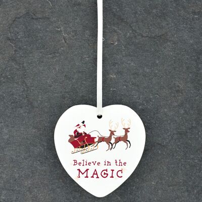 P6787 - Believe In Magic Santa Festive Ceramic Heart Bauble Ornament Christmas Decor