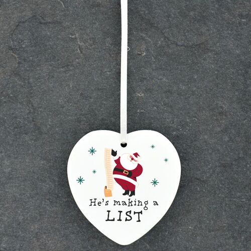 P6788 - Making A List Santa Festive Ceramic Heart Bauble Ornament Christmas Decor