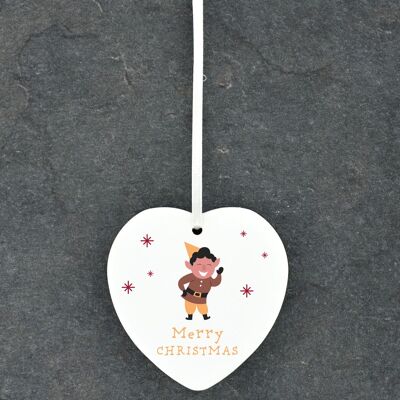 P6790 - Merry Christmas Elf Festive Ceramic Heart Bauble Ornament Christmas Decor