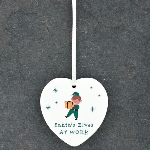 P6792 - Santa's Elves At Work Festive Ceramic Heart Bauble Ornament Christmas Decor