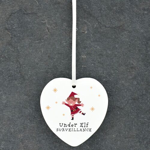 P6793 - Under Elf Surveillance Festive Ceramic Heart Bauble Ornament Christmas Decor