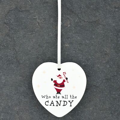 P6794 - Who Ate The Candy Santa Festive Ceramic Heart Bauble Ornament Christmas Decor