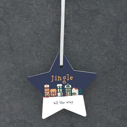 P6797 - Jingle Snowy Scene Festive Ceramic Star Bauble Ornament Christmas Decor