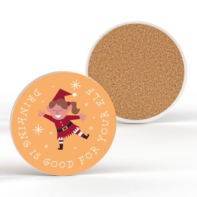 P6820 - Drinking's Good For Your Elf Festive Ceramic Coaster Christmas Decor