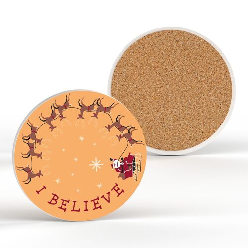 P6824 - I Believe Santa Sleigh Festive Ceramic Coaster Christmas Decor