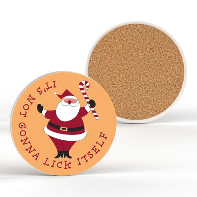 P6826 - No se va a lamer a sí mismo Posavasos de cerámica festivo de Papá Noel Decoración navideña