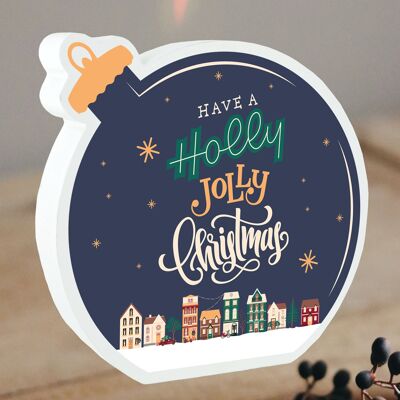 P6830 - Holly Jolly Christmas Festive Bauble Standing Block Wooden Snow Globe Effect Christmas Decor