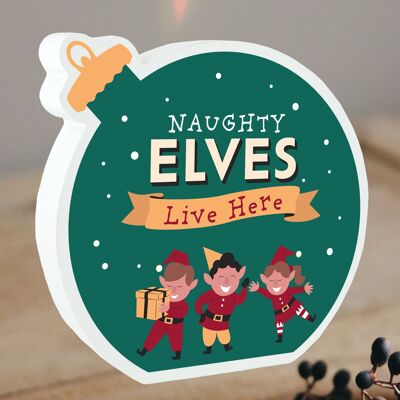P6831 - Naughty Elves Festive Bauble Standing Block Wooden Snow Globe Effect Christmas Decor