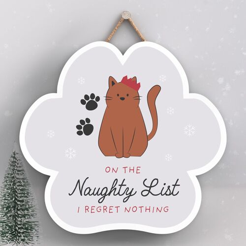 P6837 - NAUGHTY LIST CAT PET THEMED CHRISTMAS DECORATIONS PAWPRINT WOODEN PLAQUE