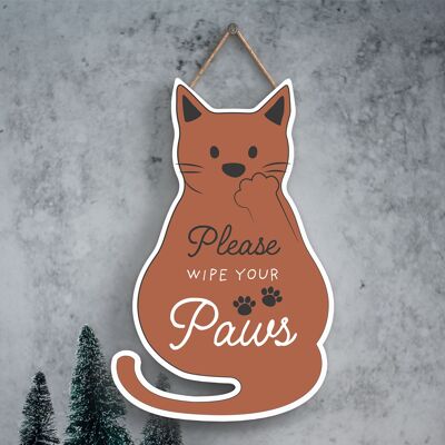 P6848 - WIPE YOUR PAWS CAT PET THEMED CHRISTMAS DECORATIONS WOODEN PLAQUE