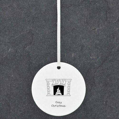 P6866 - Cosy Christmas Fireplace Line Drawing Illustration Ceramic Christmas Bauble Ornament