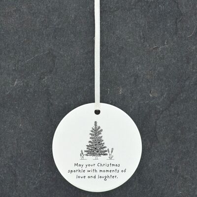 P6870 - Sparkle Love Laughter Tree Line Drawing Illustration Ceramic Christmas Bauble Ornament