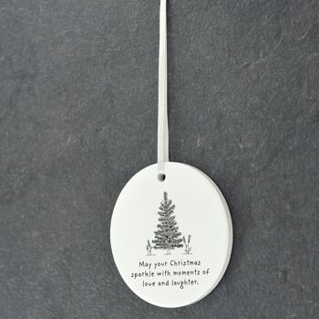 P6870 - Sparkle Love Laughter Tree Dessin au trait Illustration Ornement de boule de Noël en céramique 3