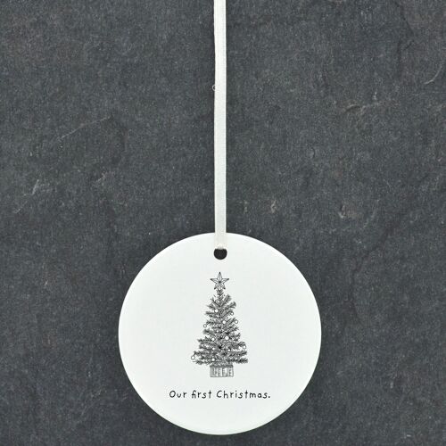 P6871 - Our First Christmas Tree Line Drawing Illustration Ceramic Christmas Bauble Ornament