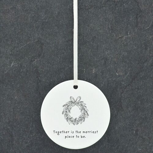 P6874 - Together Is Merriest Wreath Line Drawing Illustration Ceramic Christmas Bauble Ornament