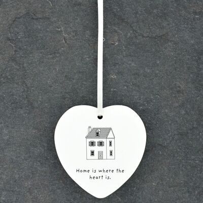 P6879 - Adorno navideño de cerámica con ilustración de dibujo lineal de la casa del corazón del hogar