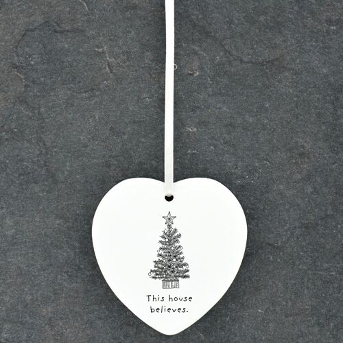 P6883 - This House Believes Tree Line Drawing Illustration Ceramic Christmas Bauble Ornament