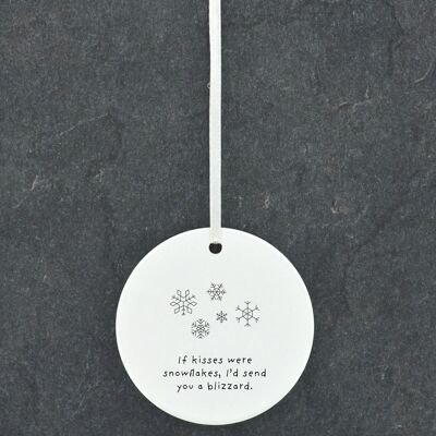 P6885_A - Snowflake Kisses Line Drawing Illustration Ceramic Christmas Bauble Ornament