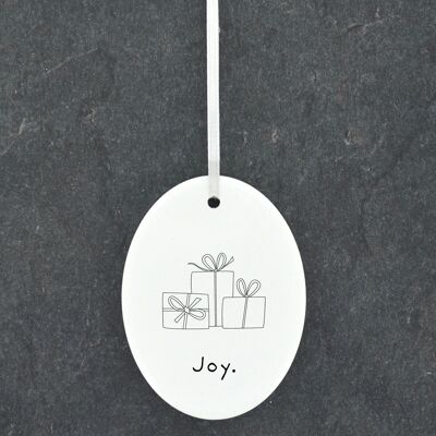 P6886 - Joy Presents Line Drawing Illustration Ornamento di pallina di Natale in ceramica