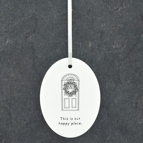 P6891 - Happy Place Door Line Drawing Illustration Ceramic Christmas Bauble Ornament