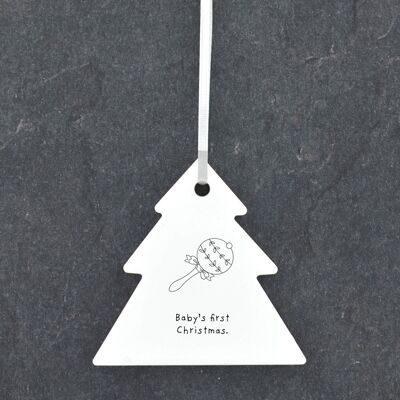 P6900 - Baby's 1st Christmas Rattle Line Drawing Illustration Ceramic Christmas Bauble Ornament