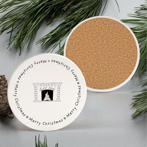 P6909 - Merry Christmas Fireplace Festive Line Drawing Illustration Ceramic Christmas Coaster