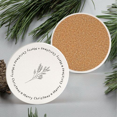 P6913 - Merry Christmas Sprig Festive Line Drawing Illustration Ceramic Christmas Coaster