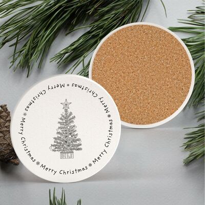 P6914 - Merry Christmas Tree Festive Line Drawing Illustration Ceramic Christmas Coaster