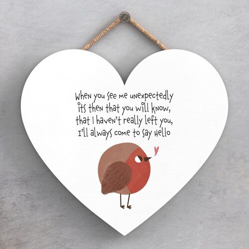 P6925 - Come To Say Hello Robin Themed Heart Shaped Sentimental Remembrance Plaque