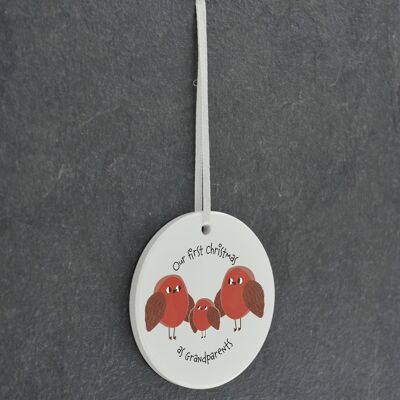 P6936 - Grandparents First Christmas Robin Themed Circle Shaped Sentimental Remembrance Ornament