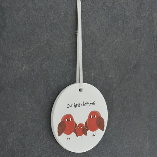 P6938 - Our First Christmas Robin Themed Circle Shaped Sentimental Remembrance Ornament