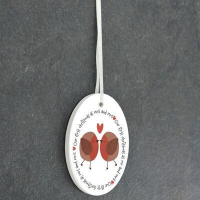 P6945 – First Christmas Mrs & Mrs Robin Themed Oval Shaped Sentimental Remembrance Ornament