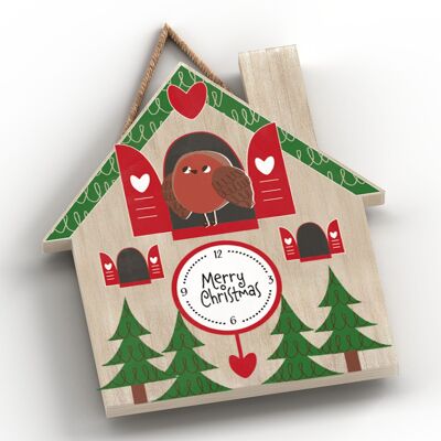 P7113 - Plaque à suspendre sur le thème de Noël en forme de maison sur le thème Merry Christmas Robin