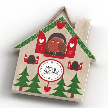 P7113 - Plaque à suspendre sur le thème de Noël en forme de maison sur le thème Merry Christmas Robin 3