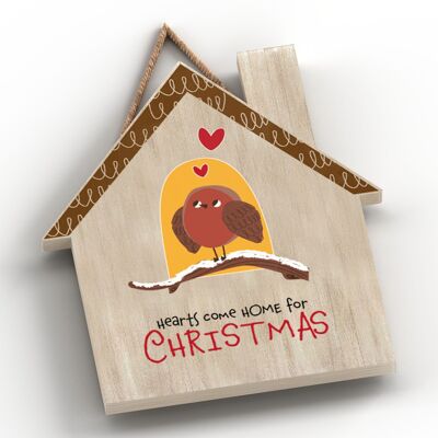 P7114 - Home For Christmas Robin Themed House Shaped Christmas Themed Hanging Plaque