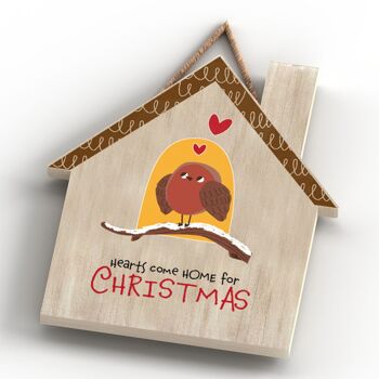 P7114 - Home For Christmas Plaque à suspendre en forme de maison sur le thème de Robin sur le thème de Noël 3