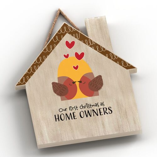 P7116 - Our First Christmas Robin Themed House Shaped Christmas Themed Hanging Plaque