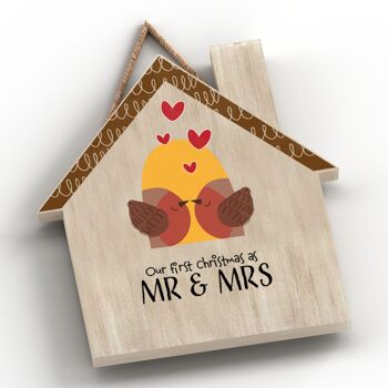 P7117 - Notre premier Noël Mr & Mrs Robin sur le thème de la maison en forme de plaque à suspendre sur le thème de Noël 1