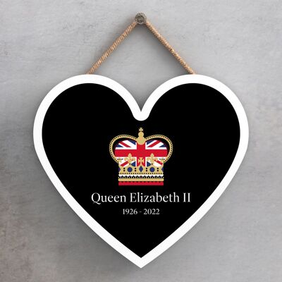 P7162 - Targa commemorativa in legno con corona nera a forma di cuore della regina Elisabetta II