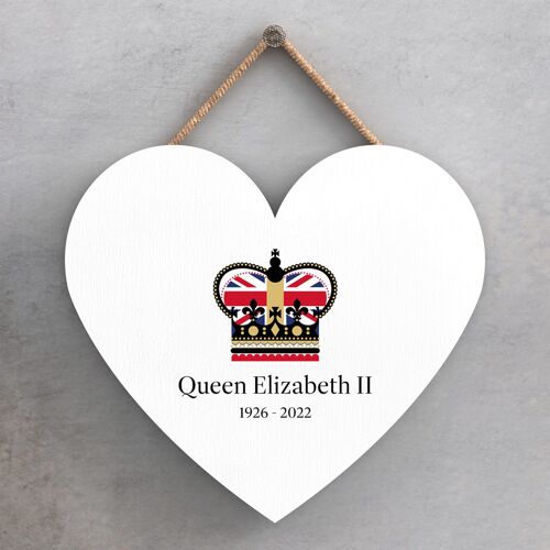 P7163 - Queen Elizabeth II Crown White Heart Shaped Memorial Keepsake Wooden Plaque