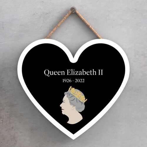 P7164 - Queen Elizabeth II 1926-2022 Black Heart Shaped Memorial Keepsake Wooden Plaque