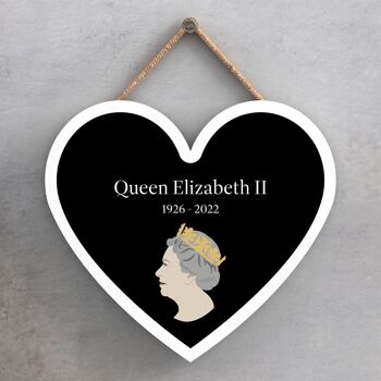 P7164 - Reine Elizabeth II 1926-2022 Plaque commémorative en bois noir en forme de cœur 1
