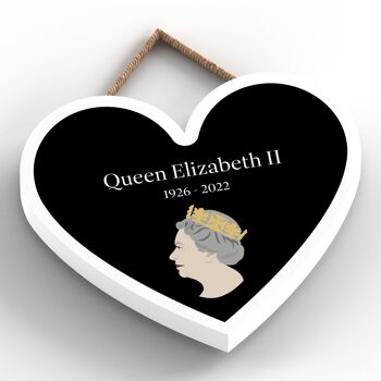P7164 - Reine Elizabeth II 1926-2022 Plaque commémorative en bois noir en forme de cœur 2